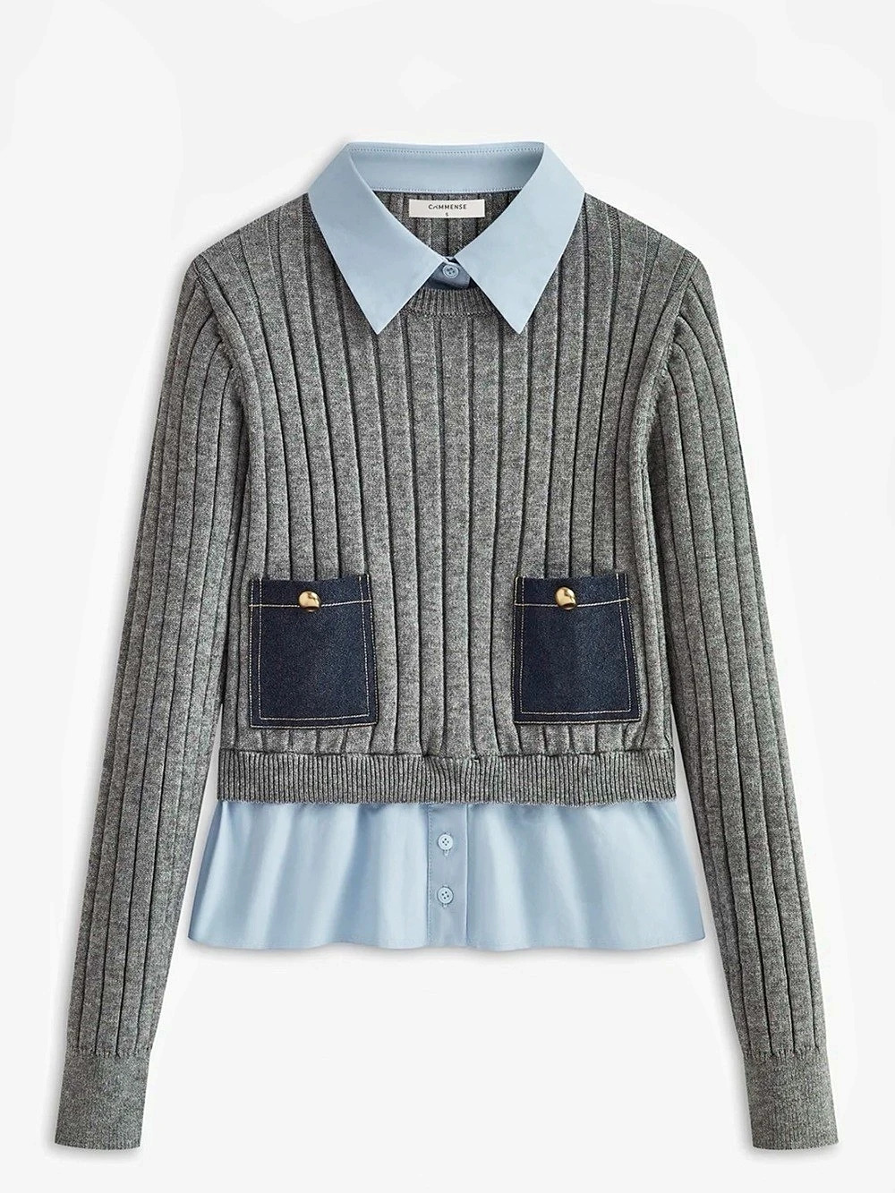 Commense 2 in 1 Denim Pocket Collared Rib-Knit Top Gray & Blue Large